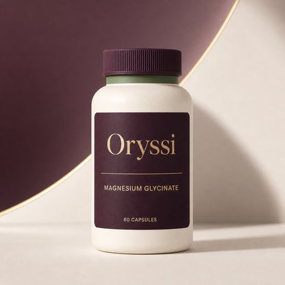 Oryssi elemental magnesium glycinate supplement bottle, studio front view