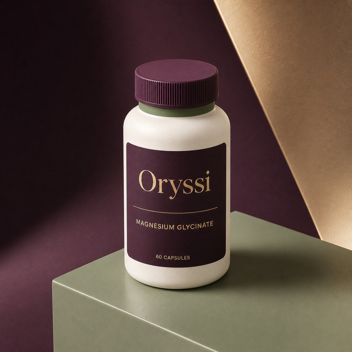 Oryssi elemental magnesium glycinate supplement bottle, studio angled view