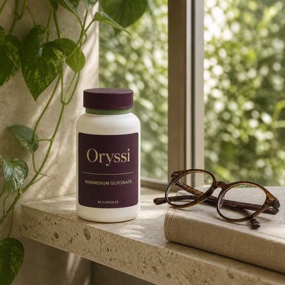 Oryssi magnesium glycinate bottle in a sunroom setting