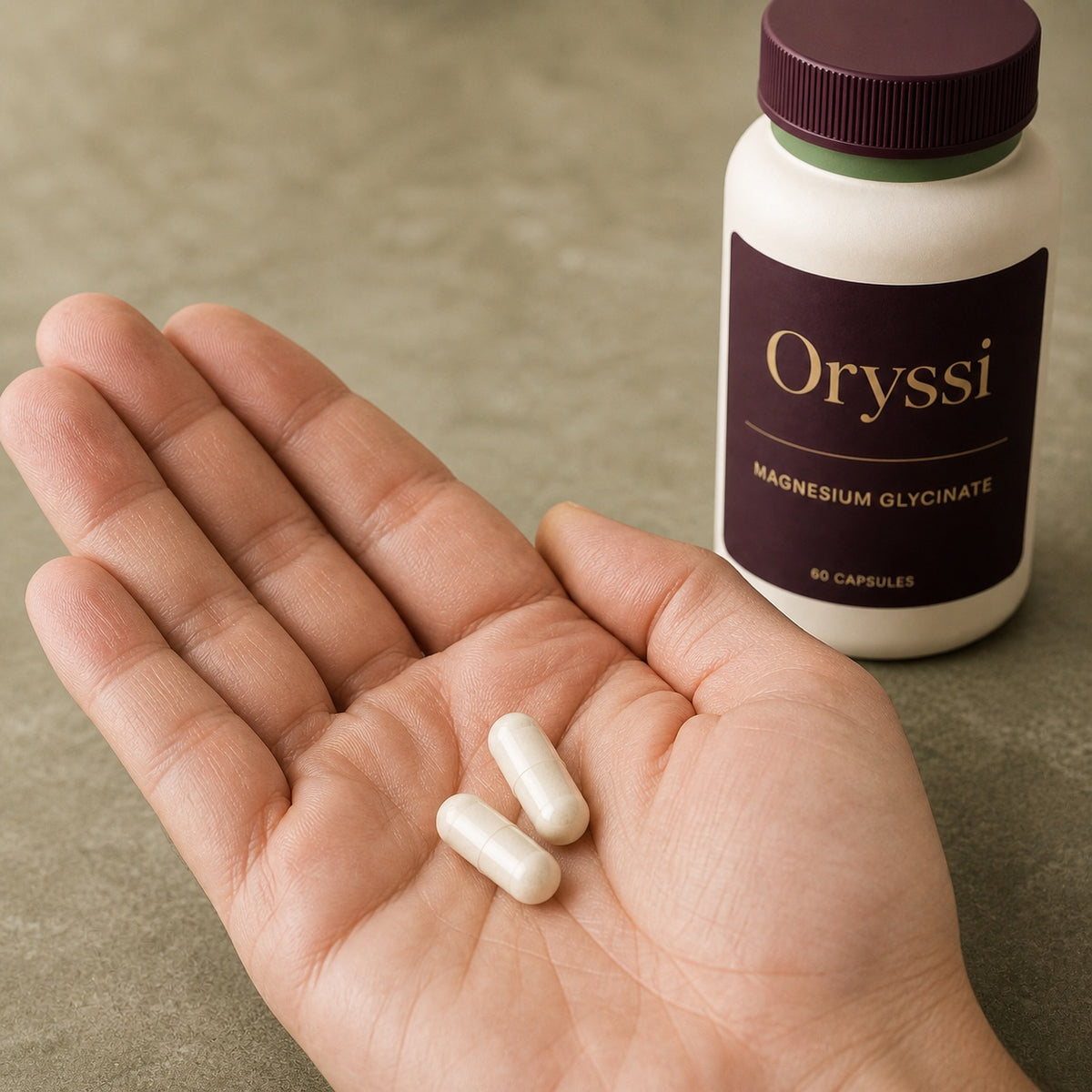 Close-up of a hand holding a single Oryssi magnesium glycinate capsule