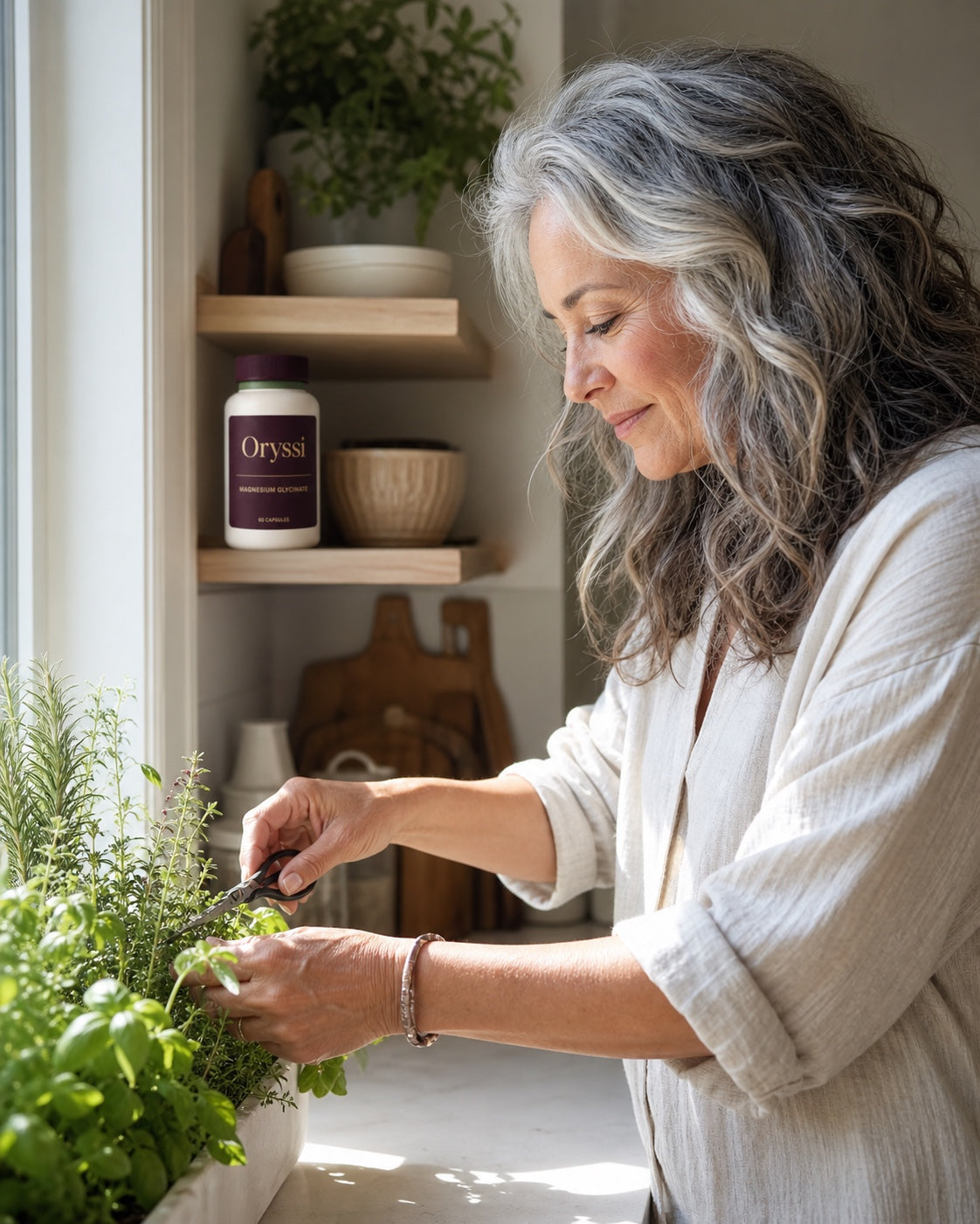 Midlife woman tending an indoor herb garden with Oryssi magnesium glycinate on a nearby kitchen shelf